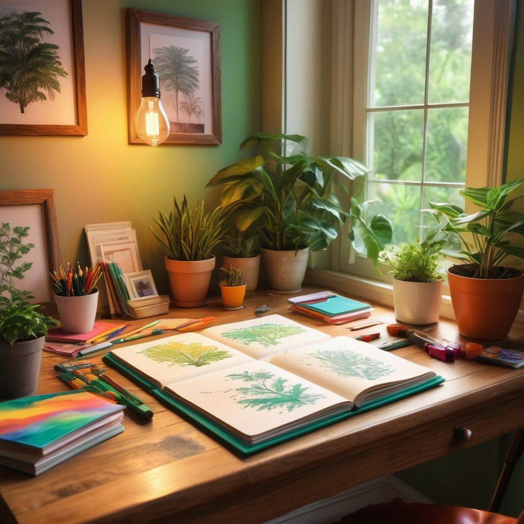 A captivating workspace filled with colorful art supplies, a journal open with sketches and ideas flowing out, a lightbulb symbolizing inspiration hovering above, lush green plants surrounding the desk, and rays of sunlight streaming in through a window. vibrant colors. cozy atmosphere. 3D.