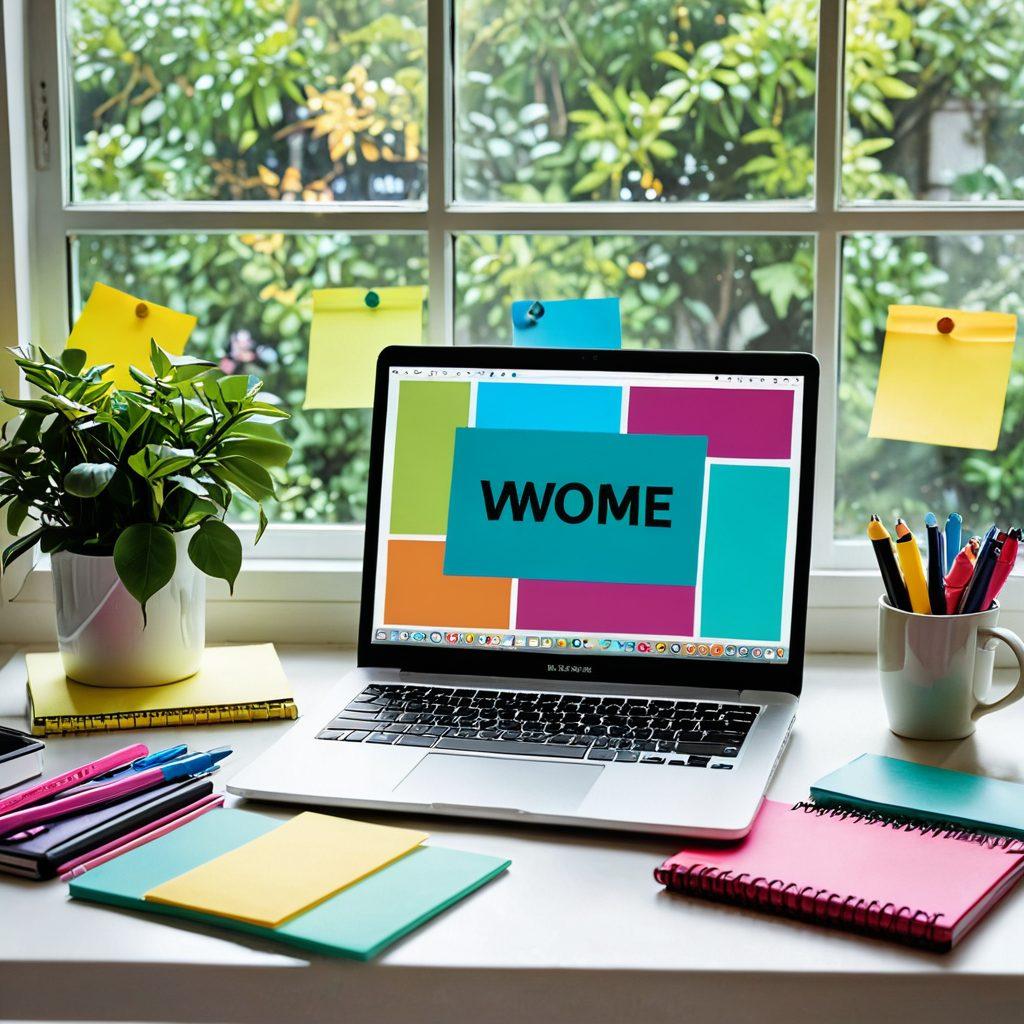 A laptop with an open blog post showcasing vibrant text and images, surrounded by colorful stationery and inspirational quotes on sticky notes, a bright desk with a cup of coffee, and a window view showing nature outside promoting creativity. super-realistic. vibrant colors. white background.