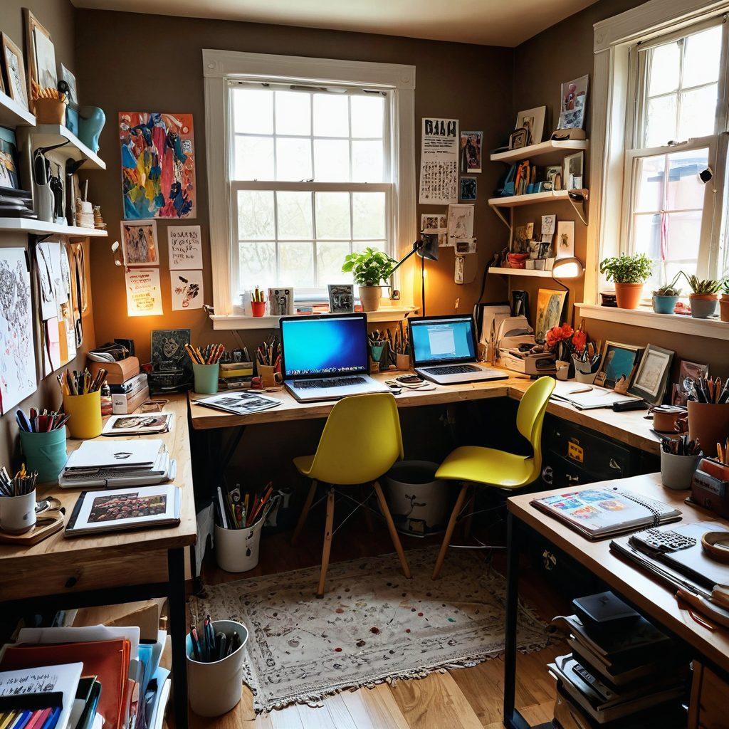 A vibrant creative workspace featuring an artist's desk bursting with colorful art supplies, sketchbooks filled with ideas, and a laptop displaying engaging content. In the background, motivational quotes adorn the walls, alongside artwork in various styles, creating an inspiring atmosphere. Sunlight streams in through a large window, casting playful shadows. super-realistic. vibrant colors. warm lighting.